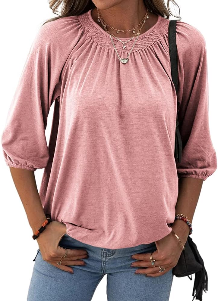 Grlasen Women's Solid Crew Neck 3/4 Sleeve T Shirt Blouse Cotton