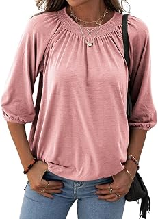 Grlasen Women's Solid Crew Neck 3/4 Sleeve T Shirt Blouse Cotton | Half Sleeve, 3/4 Sleeve, Casual Loose, Pleated, Basic Tops