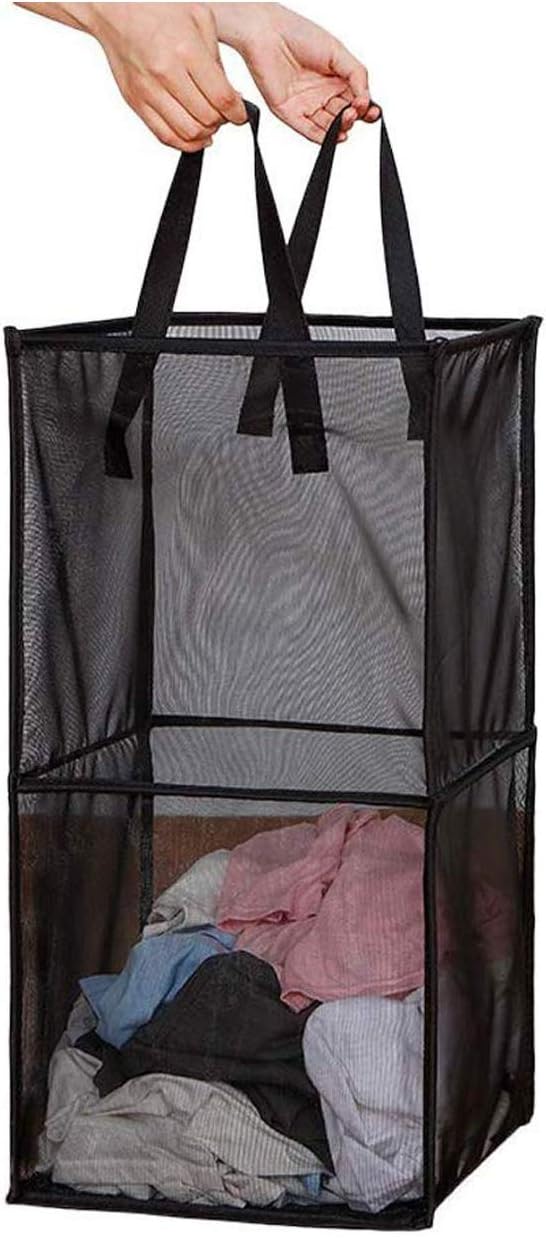 Mesh Popup Laundry Hamper with Handles, Portable & Durable Collapsible Dirty Clothes Mesh Basket Foldable for Washing Storage, Kids Room,College Dorm or Travel (Double -Layer, Black)