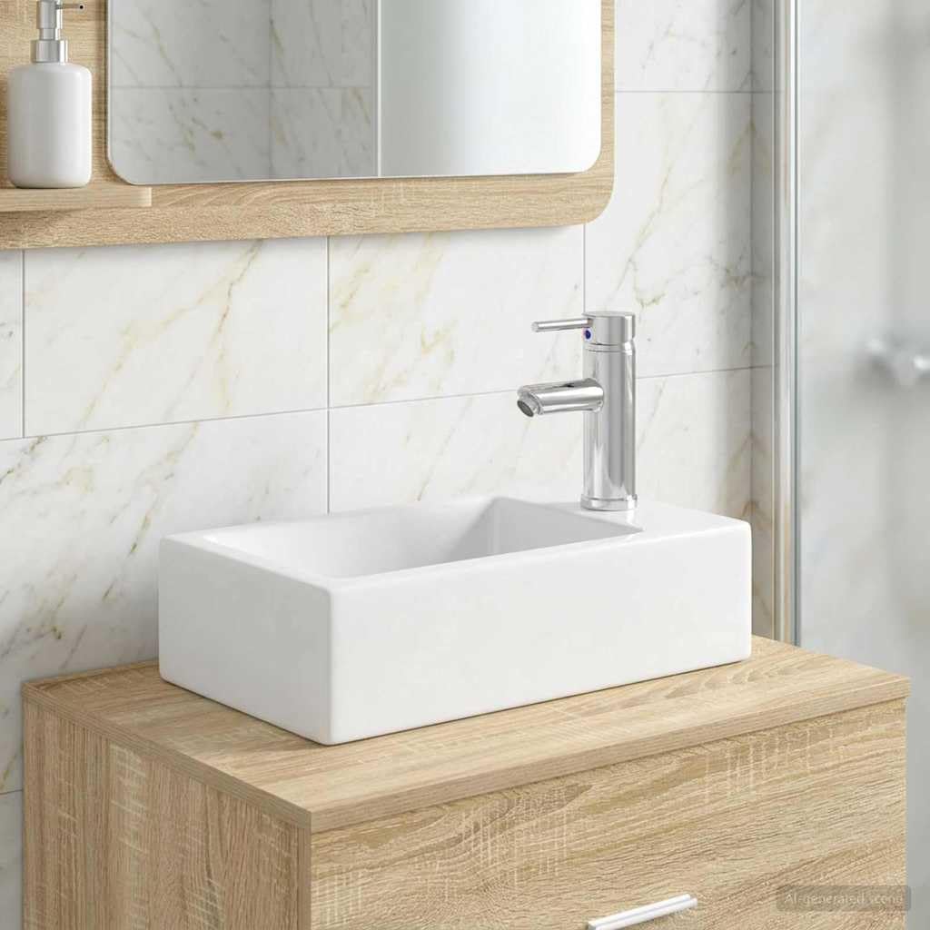 Mangloder Waschbecken fürs Badezimmer Chrom Metall 45,5 x 25,5 x 13 cm mit Wasserhahn Abfluss korrosionsbeständig ideal für Waschtisch Unterschrank Badmöbel Moderne Aufsatzlösung