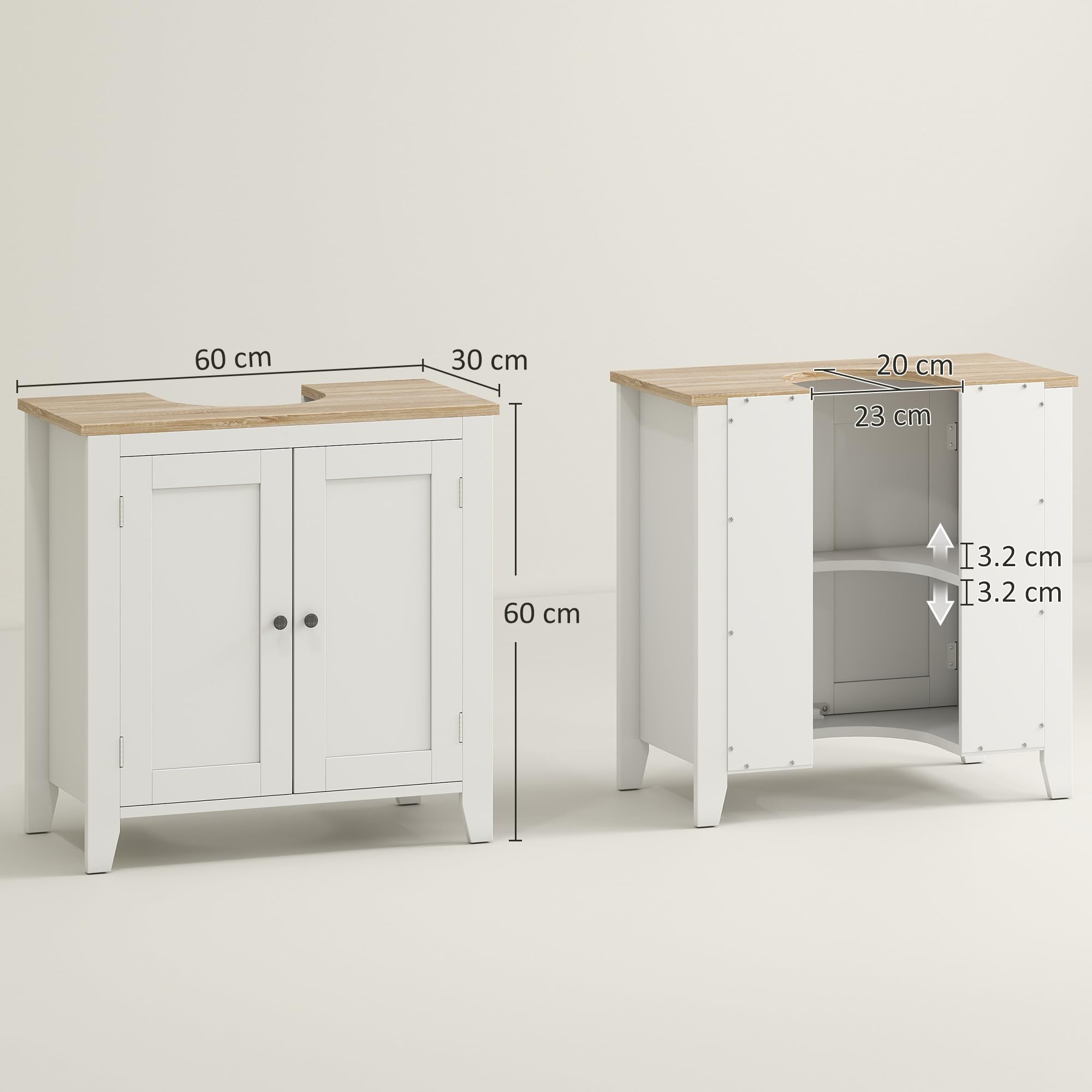 kleankin Mobile Sottolavabo Bagno a U 60x30x60 cm Bianco e color Legno