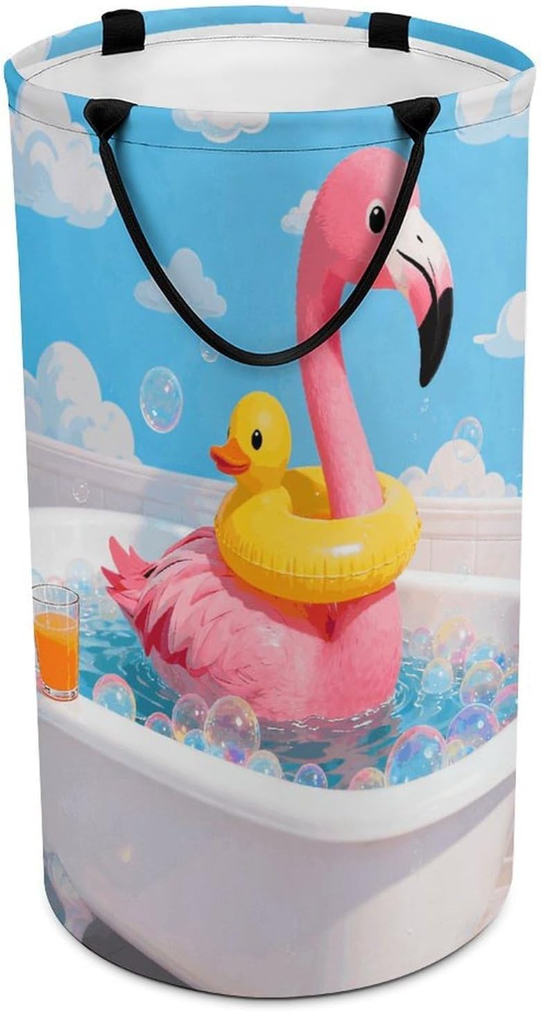 Flamingo And Yellow Duck Laundry Hamper with Handles Waterproof Collapsible Laundry Basket Large Lightweight Round Dirty Clothes Hamper for Home Dorm Bathroom Decor