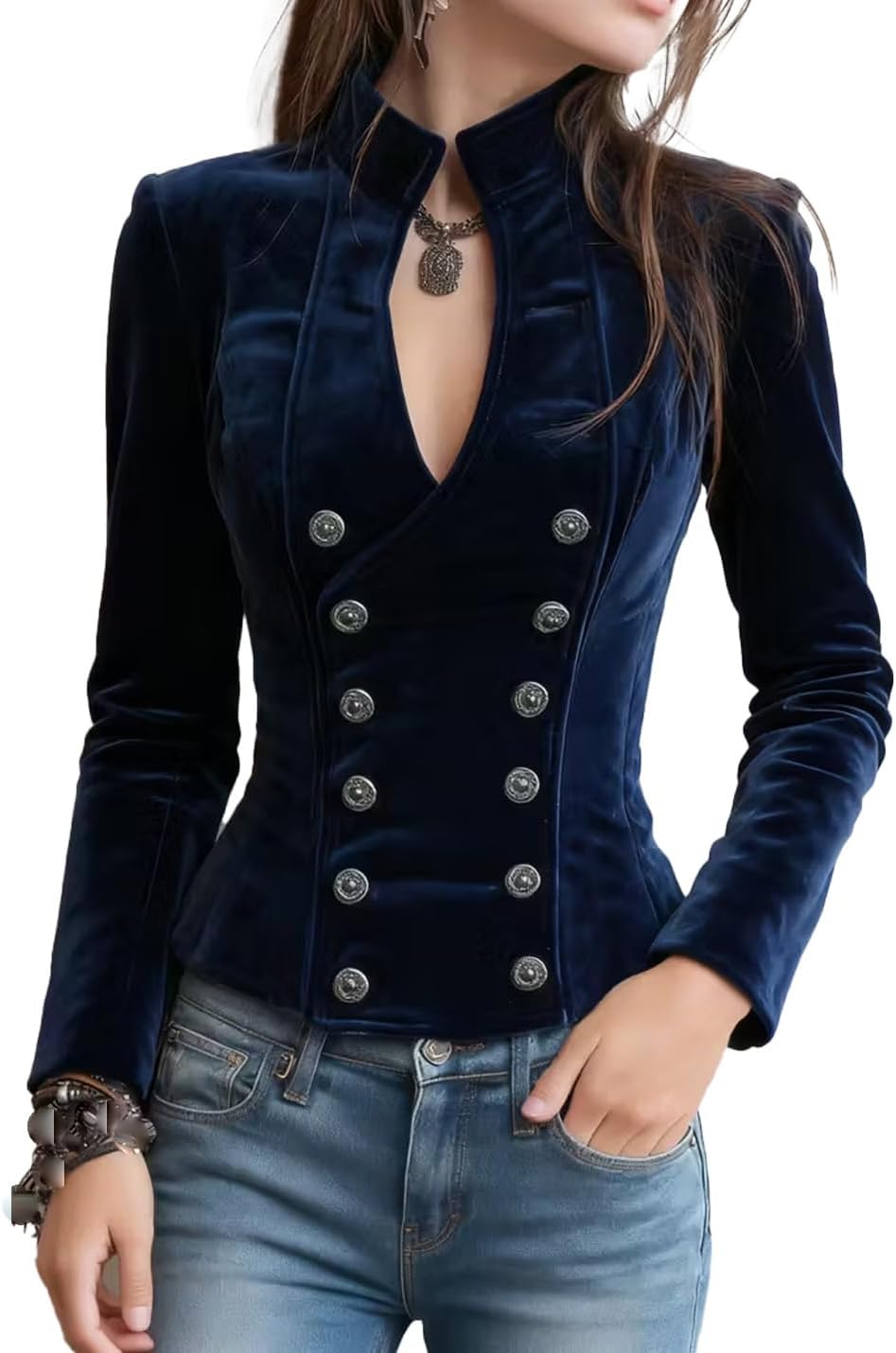velvet vest， Women's Velvet Blazer Jacket, Stand Collar Double Breasted Long Sleeve Dressy Vest Top, Casual Waistcoat
