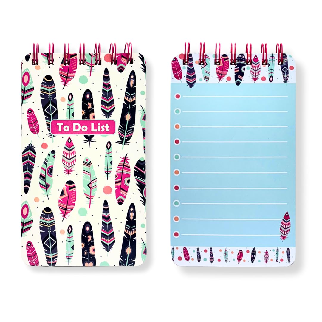 Tot Tales To-Do List Set of 2 Size (17 x 10 cm) 192 Ruled Pages, 80 GSM Spiral Bound Notebooks for Daily Tasks, Checklists - Bohemian Feathers Set of 2 1