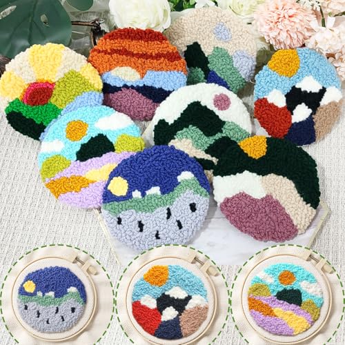 Image of Soleeya Punch Needle Kits Adults Beginner 8 Pcs Punch Needle Coaster Kit Landscape Patterns Stitching Punch Embroidery Including Yarn Hoop Needle, Rug Tufting Coaster DIY Craft Gifts