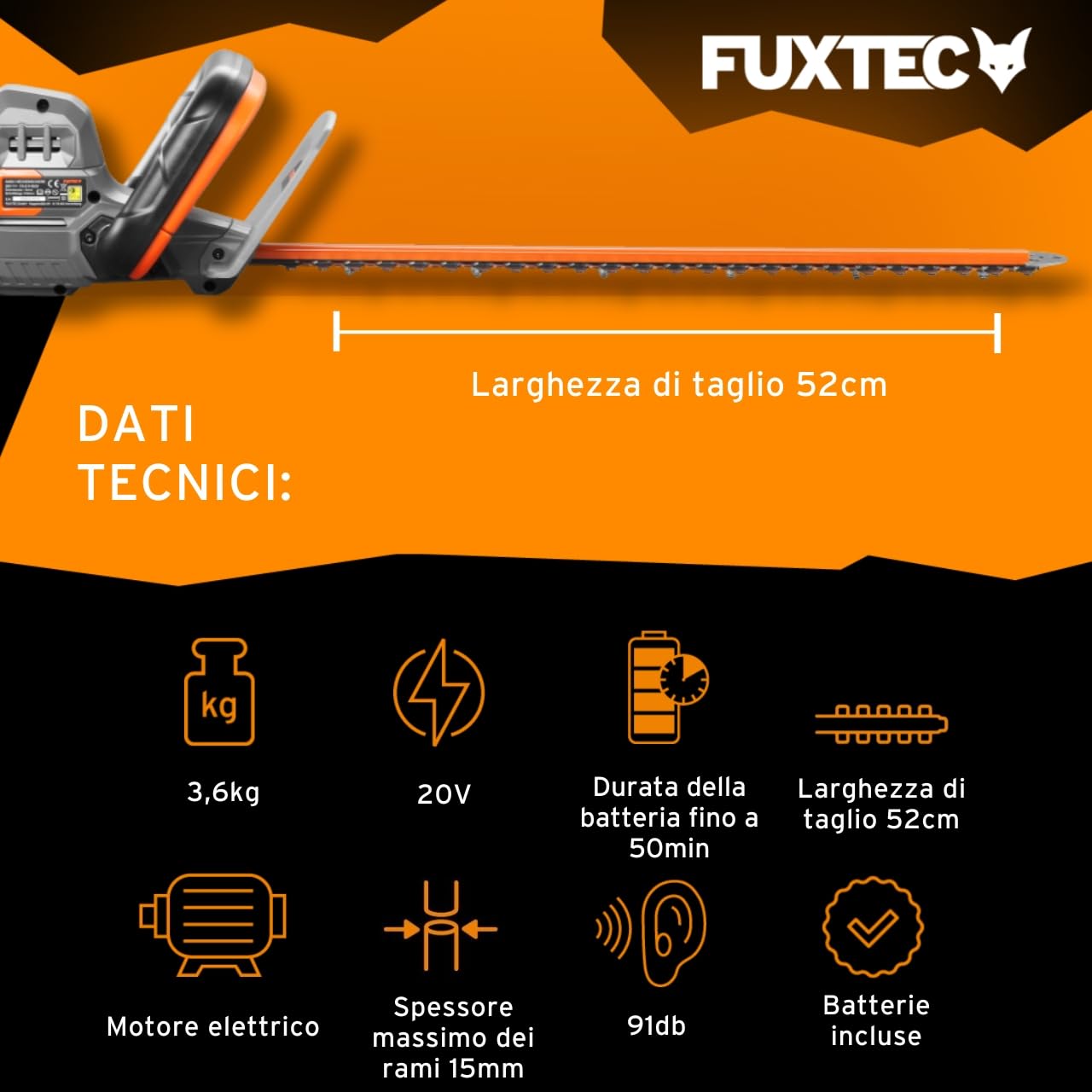 Fuxtec Tagliasiepi a Batteria 20V FX-E1HS20 - Kit incl. Batteria e Caricabatterie -Lunghezza di Taglio di 520mm per Rami Fino a 15mm di Diametro- Una Batteria per Tutti i dispositivi a 20V.