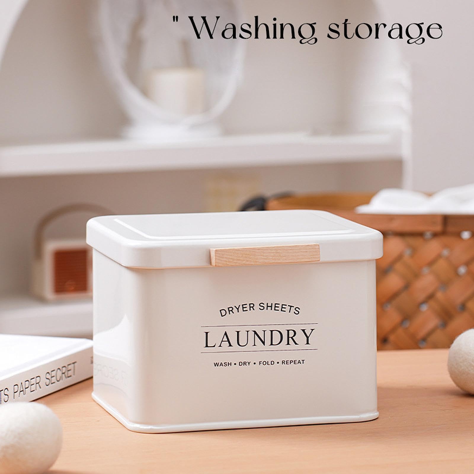Scatola Asciugatrice Porta Asciugatrice Contenitore Organizzatore Metallo con Coperchio Design Elegante con Manico Legno, Bianco