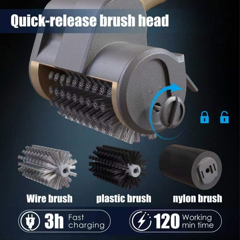 Image of Electric Grill Brush Rechargeable Grill Cleaner with 3 Heads 2 Speed 2000 RPM Torque 80KG BBQ Cleaning Brush with Safety Lock Submersible 304 SS Head Splash-Proof Scrubbe IPX7 Waterproof Silvery Black
