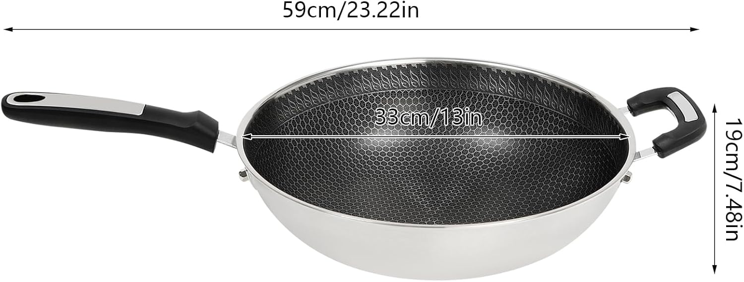 13 Inch Stainless Steel Wok Pan with Lid, Honeycomb Coating Woks & Stir-fry Pans Nonstick Wok Induction Wok Set Chinese Wok No Chemical Coated Wok for Induction, Electric, Gas, Halogen