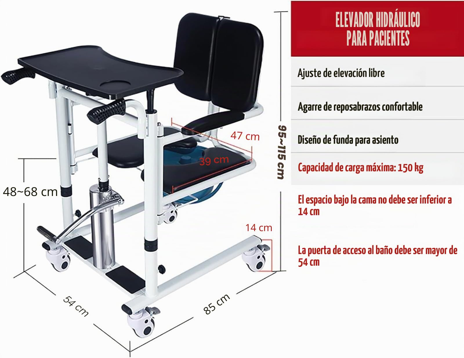 Silla Portátil De Transferencia Pacientes, Elevador De Transferencia Hidráulico, Silla De Transferencia De Elevación De Pacientes Con Asiento Dividido De 180° Y Orinal A