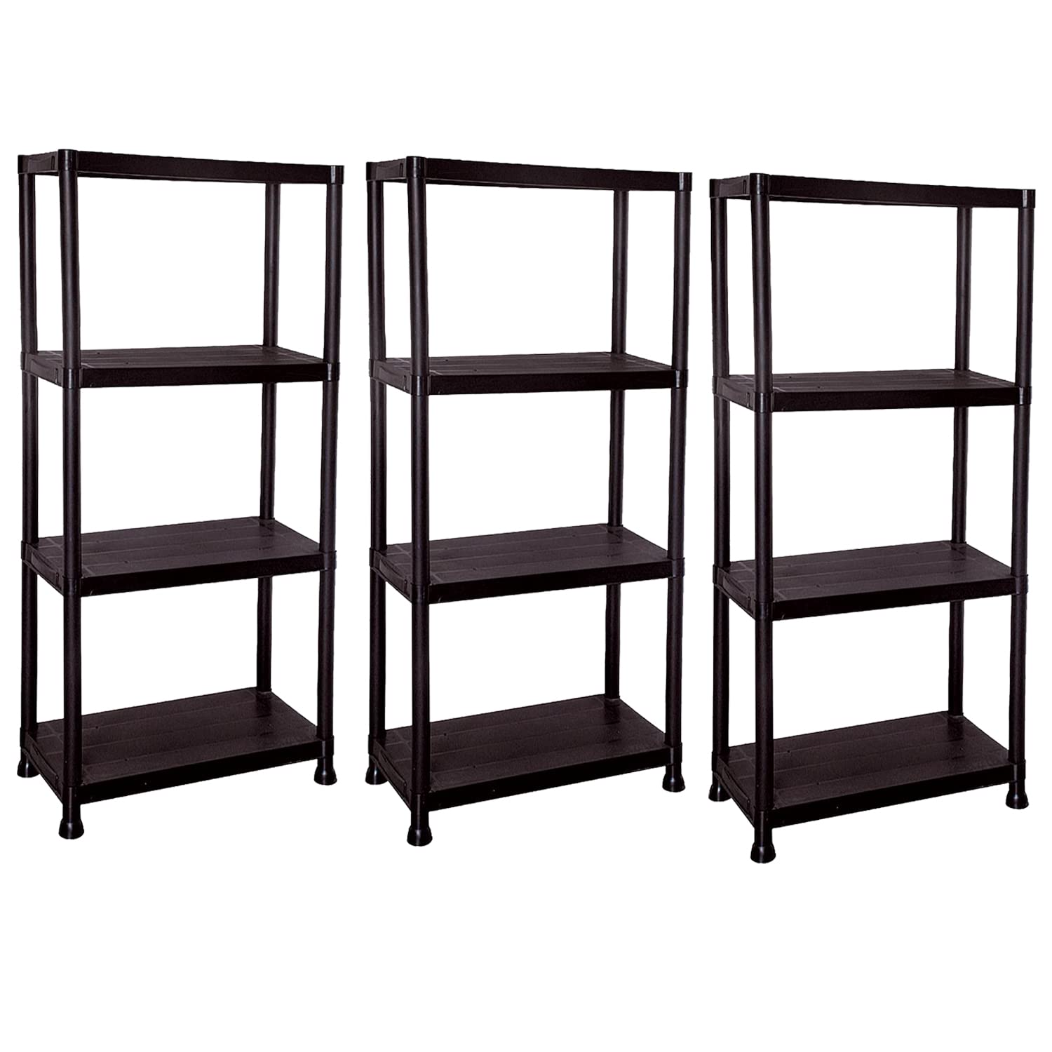 YORKSHIRE HOMEWARE 4 Tier Black Plastic Shelving Units Free Standing Shelves Storage Units, Heavy Duty Storage Shelf Organiser Racks for Kitchen Garage Pantry Living Room Bathroom Office (3 Shelves)