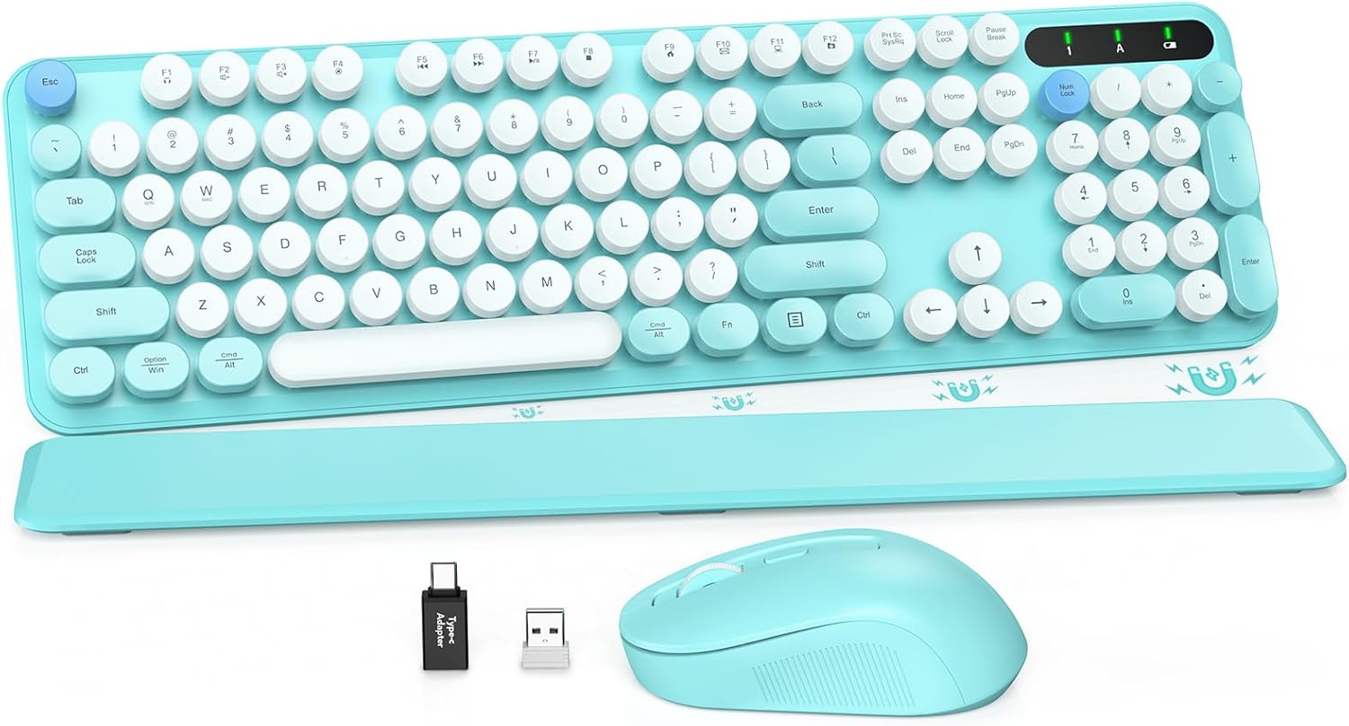 Wireless Keyboard and Mouse Combo, Colorful Keyboard with Round Keycaps, Full-Size Retro Typewriter Keyboard with Detachable Wrist Rest, 2.4GHz Cordless Connection for Mac/Windows/PC (Robin Egg Blue)