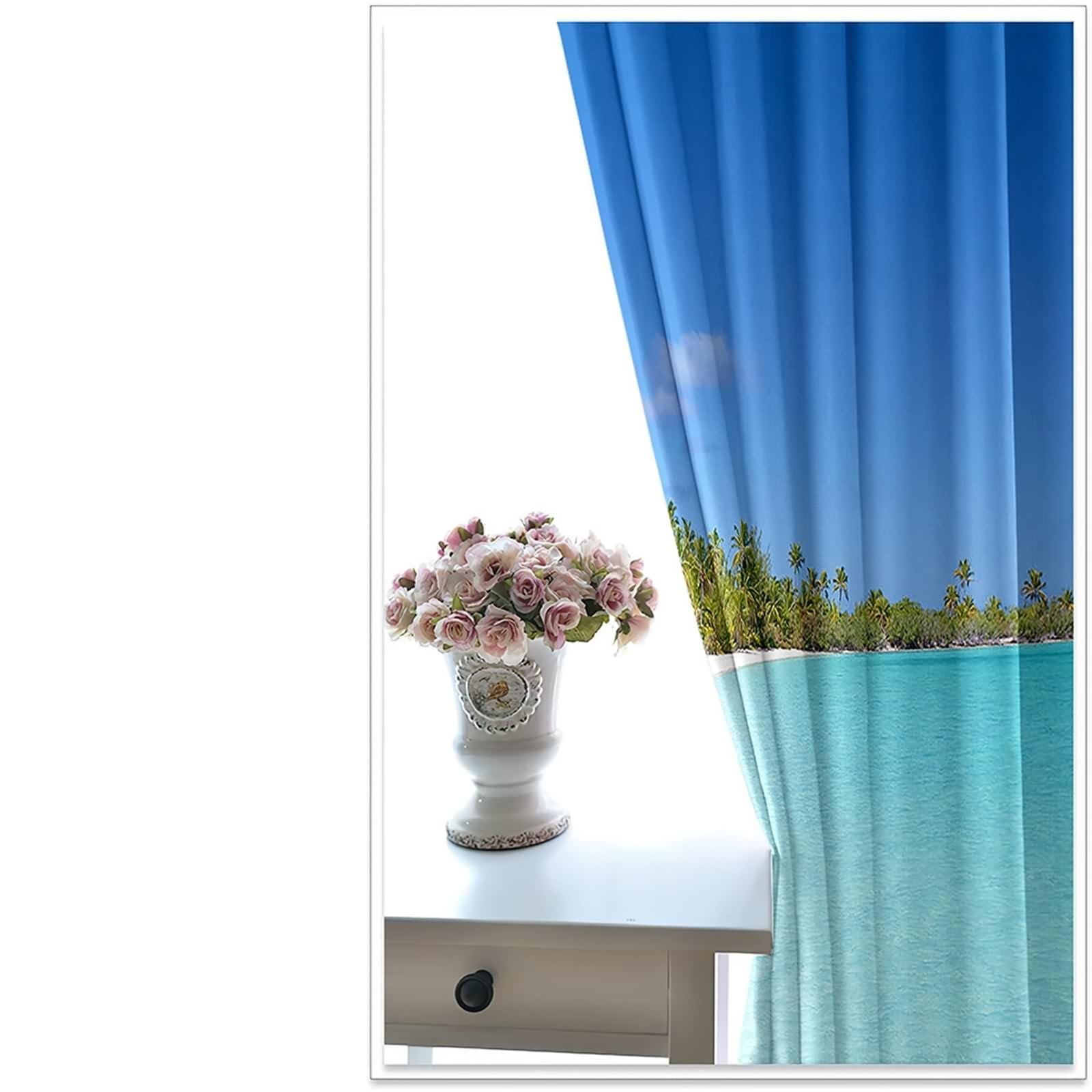 Rideau Anniversaire, Rideau Occultant Fenetre Chambre Bleu Vert Kaki Polyester Mer et Cocotiers 152L x 183H CM Lot de 2