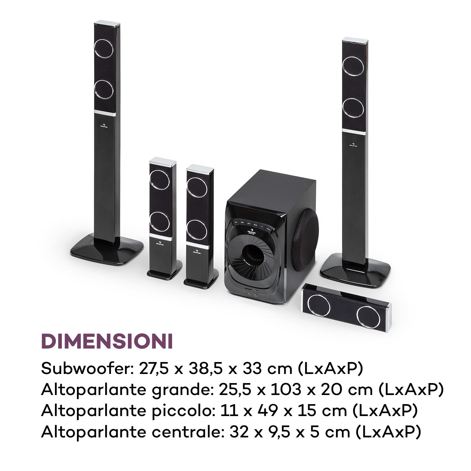 Auna Areal 825 - Sound System 5.1, Impianto Home Cinema 5.1, 200 Watt di Potenza RMS, Subwoofer Home Cinema da 8" + 5 Altoparlanti, Bluetooth, USB, SD, AUX, Telecomando incl., Nero