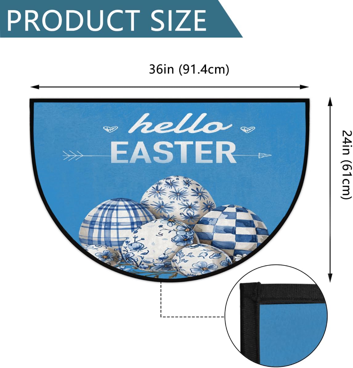 Half Round Door Mat Happy Easter Eggs Blue Washable Non-Slip Doormat Welcome Semi Circle Area Rug Half Moon Mats Semi Floor Rugs Indoor Entrance Kitchen Bedroom Living Room Decorative Gift