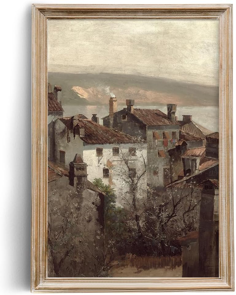 Rustic Farmhouse Wall Art Decor - Unframed Rolled 24x36 - Art Deco Pictures for Bathroom - French Country Kitchen Print Poster - Autumn Fall Lake Town Building - Neutral Aesthetic Vintage CottageCore