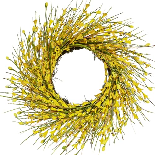 Bibelot 20inch Artificial Forsythia Flower Wreath, All Year Around Wreath for Front Door, Wedding Window Home Wall Indoor Front Door Decor (Yellow, 20in)