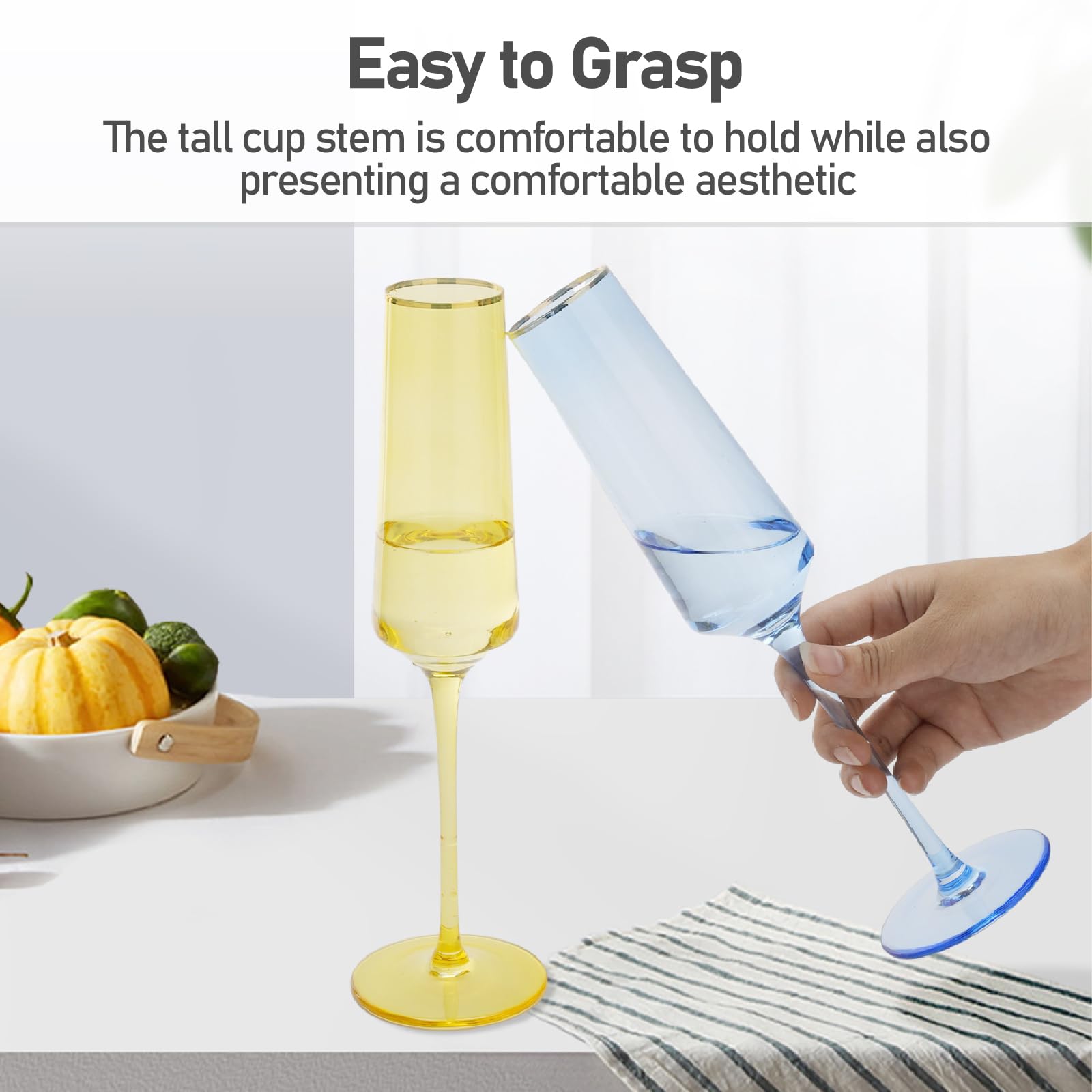 Farbige Champagnerflöten, Set mit 6 modernen Champagnergläsern, transparent, ideal für Hochzeiten, Jubiläen, Weihnachten, alle Anlässe und Geschenke, 1,5 l