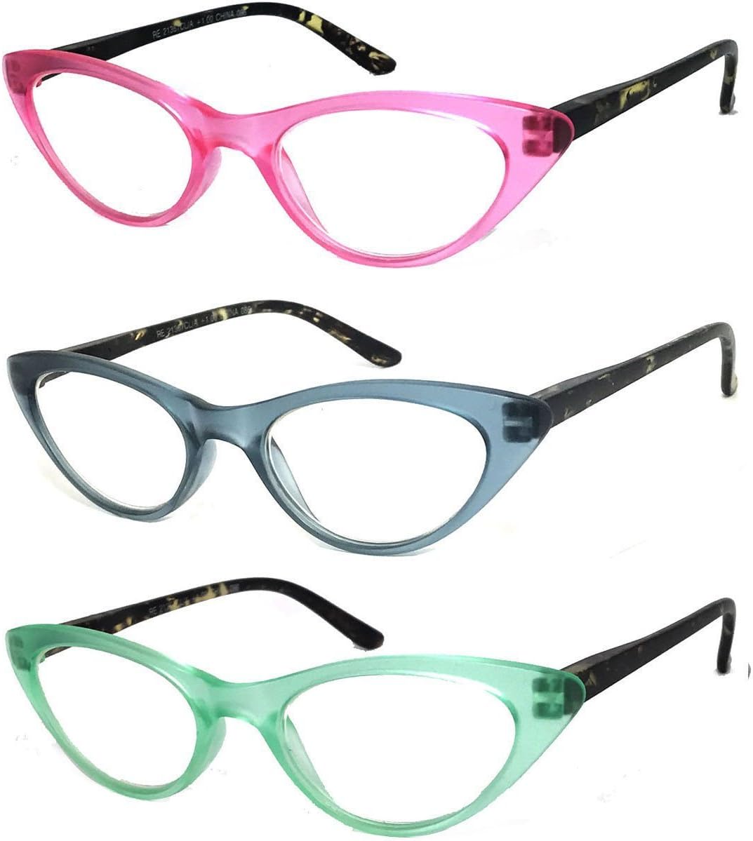 3 Pairs K04 Retro Woman Cat Eye Full Lens Reading Glasses Spring Temple (Pink/Green/Brown, +2.25)