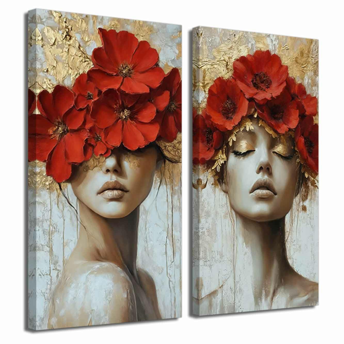 ZXHYWYM 2Pcs Gold Gray and Red Flower Canvas Wall Art Vintage Abstract Floral Pictures Neutral Botanical Prints Paintings Girl Bedroom Bathroom Wall Decor (Red, 90x45cmx2 Pieces)