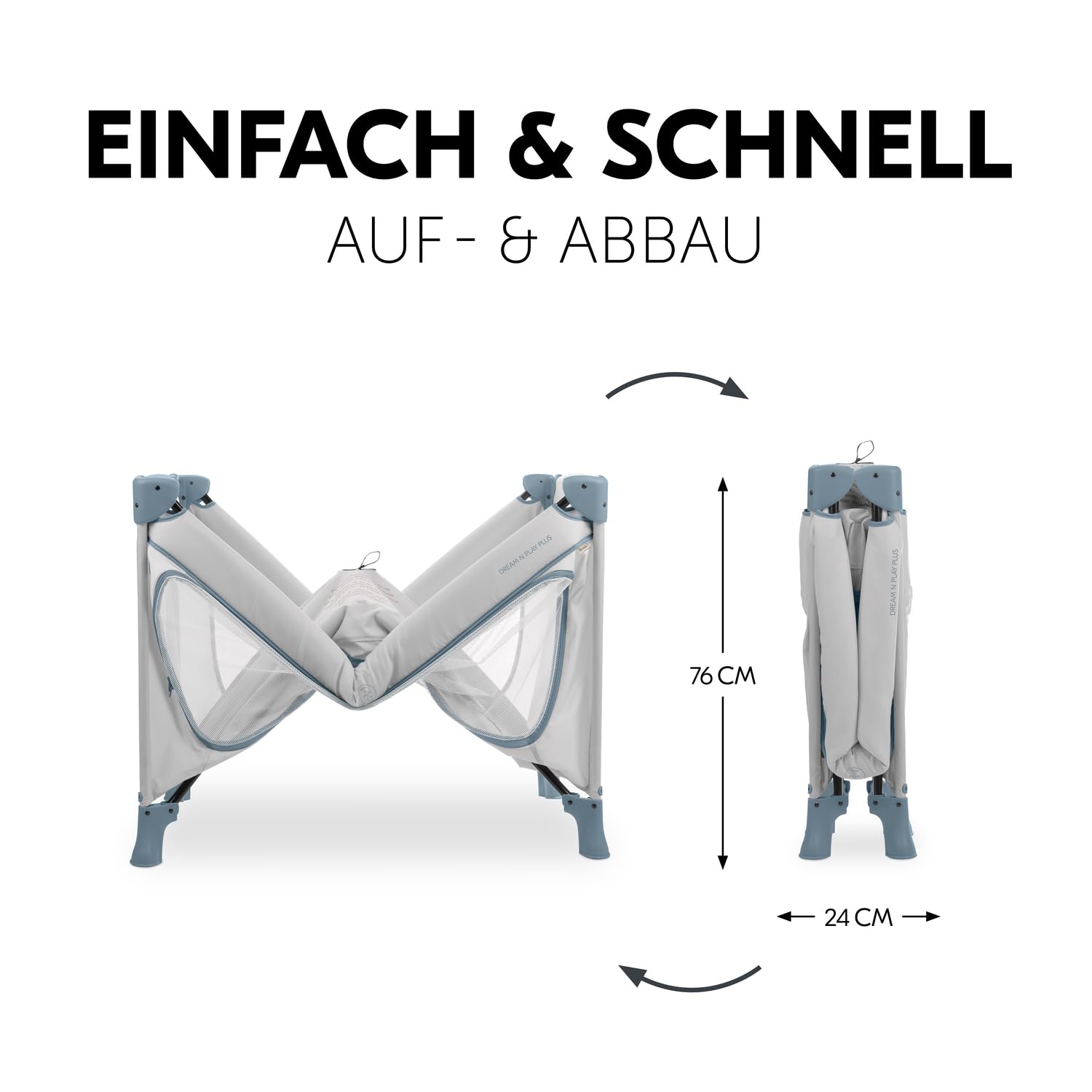 hauck Reisebett Baby mit XL Spielöffnung, Dream N Play Plus Dusty Blue | Klein zusammenklappbar mit Tragetasche ab Geburt bis 15 kg / 3 Jahre, 2in1 Kinderreisebett & Laufstall (ohne Matratze)