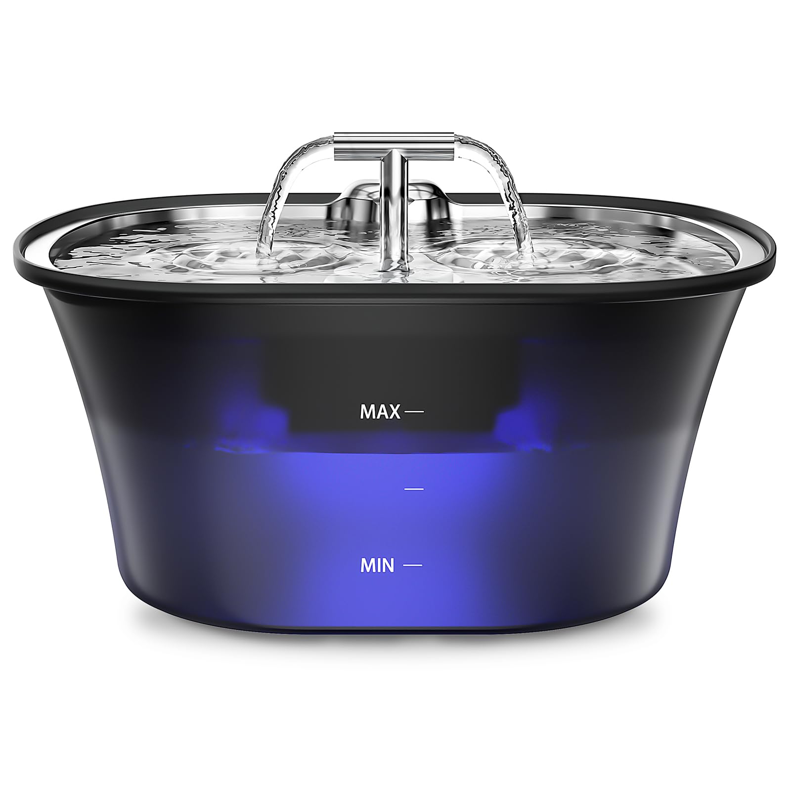 BalimoPet Katzenbrunnen, Trinkbrunnen für Katze 2,5L, Ultra leise Wasserbrunnen für Katzen, Eingebautes LED und Aktivkohlefilter, Leicht zu Reinigen, Doppelauslauf-Design Edelstahl Trinktablett