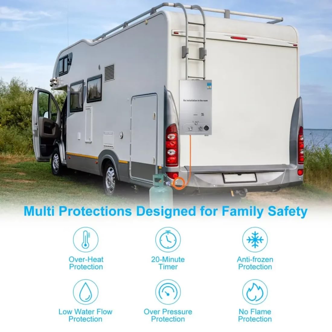 Scaldabagno a Gas GPL Propano, 16L 32kW Scaldabagno a Gas con Soffione Doccia, Scaldabagno a Propano Senza Serbatoio per la Casa per Abitazioni, per campeggio, doccia per cavalli