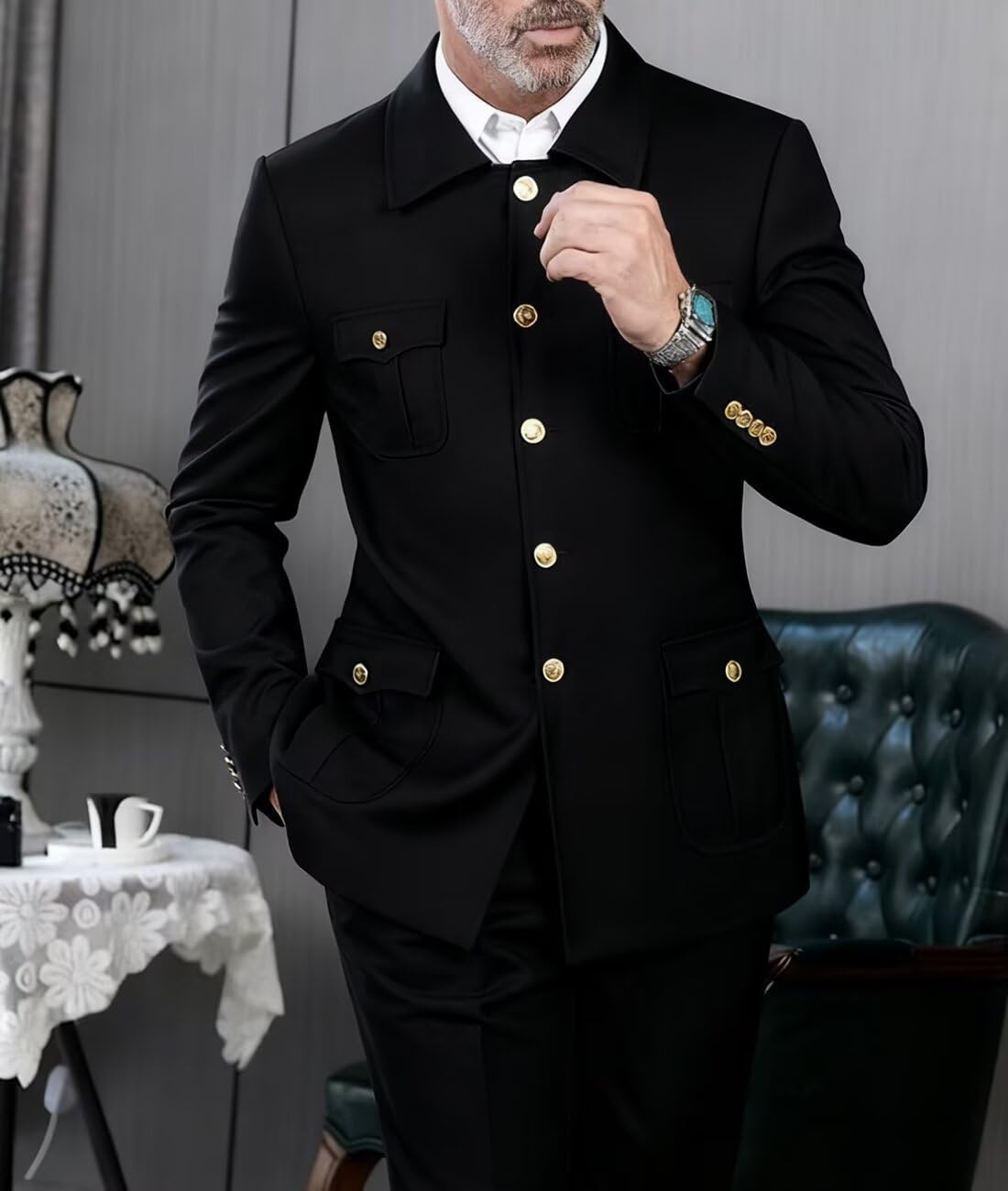 2 Pieces Men Chinese Tunic Suit Safari Suits for Men Gold Button Blazer Pant Set Traditional Wedding - Image 3