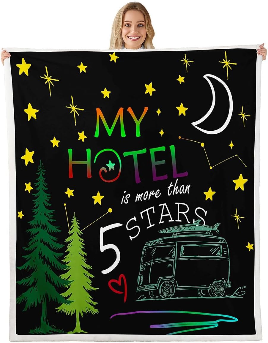 Happy Camping Fleece Blanket Galaxy Camping Decor Throw Blanket 90"x90",Starry Sky Camping Blanket for Kids Child,Rustic Cabin Sketch Sherpa Blanket Constellation Camp Travel Car Sofa Decor