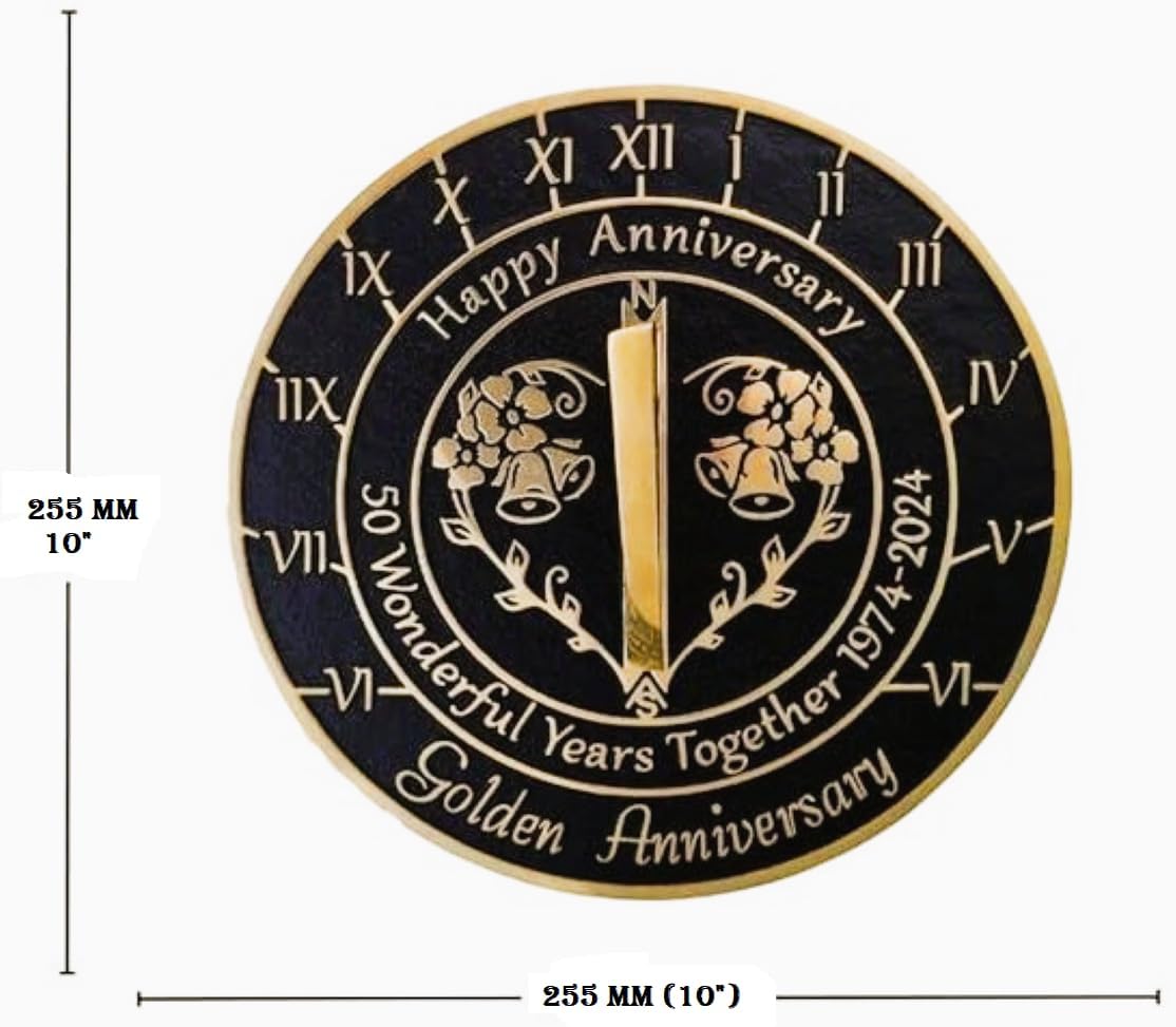 50th Golden Wedding Anniversary Sundial 1974-2024 Home Decor with Pedestal Stand | Garden Present Idea Brass Home Offfice Decor Sundial Gifts for Couples Him Her Parents Handmade Sundial 10" Black