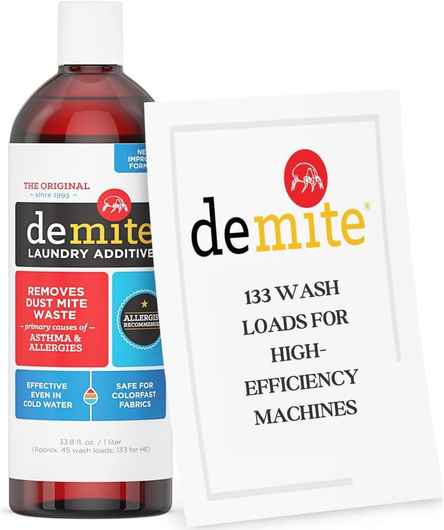 DeMite Laundry Additive - Dust Mite Waste Remover for Allergy Relief, Treatment for Bedding & Clothes, Safe for Children & Pets, Fragrance-Free Gentle Formula, Use with Any Laundry Detergent, 1 Liter