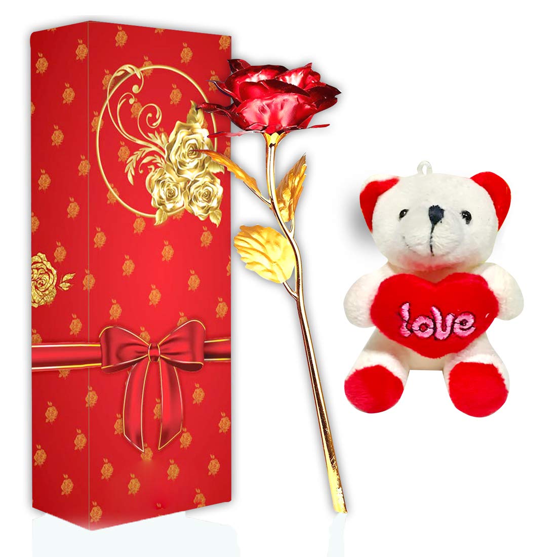 Rangoli Artificial Rose with Box (Red), Medium