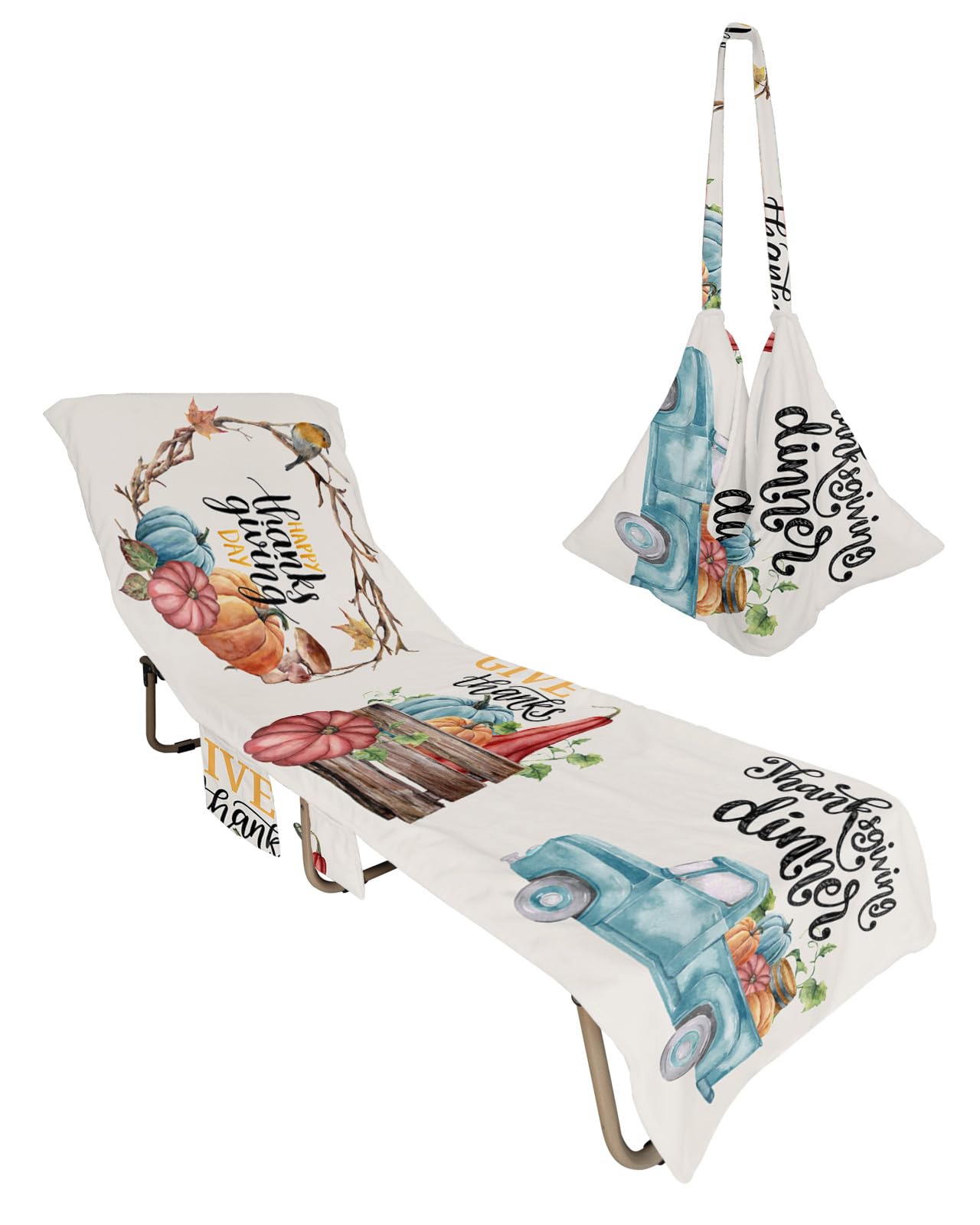 Thanksgiving Harvest Beach Chair Towel Covers for Chaise Lounge with Side Pocket, Soft Plush Pool Towels Cover for Patio Sunbathing Outdoor 29''x85'' Fall Pumpkin Gnomes Mushroom Truck