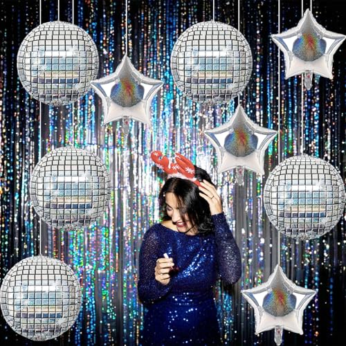 Image of 9 Pcs Disco Ball Balloons and Star Balloons 22 /18 4D Ball Balloons Laser Metallic Silver Disco Star Mylar Balloon for Birthday Bachelorette 70s 80s 90s Themed Grad Retro Prom Party Decor