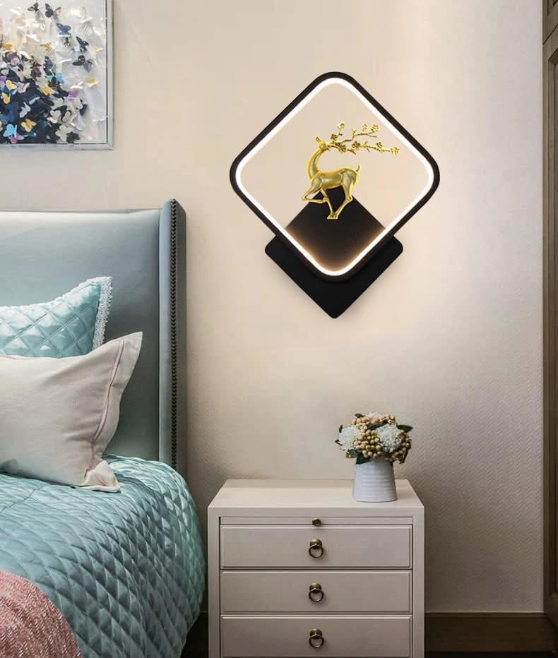 Image of Creative Golden Deer Indoor LED Wall Lamp for Living Room & Bedroom, Square Decorative Wall Light with 3 Color Lighting (Yellow, White & Natural White) for Home & Cafe (A8 LED Deer WALL)