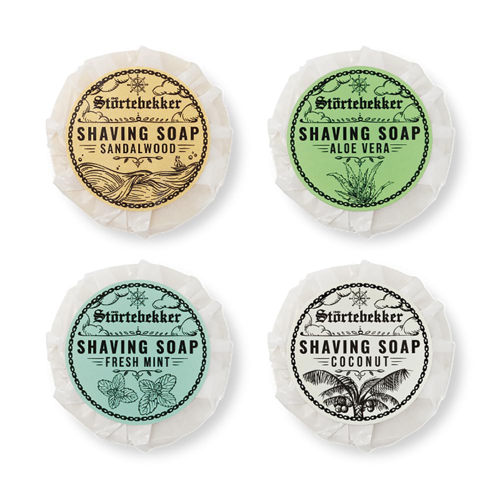 Savon à raser Set d'essai - Bois de santal, noix de coco, menthe, aloe vera - Fait à la main - Parfait pour le rasage au rasoir de sûreté et au coupe-choux - Savons à raser végétaliens - 70g