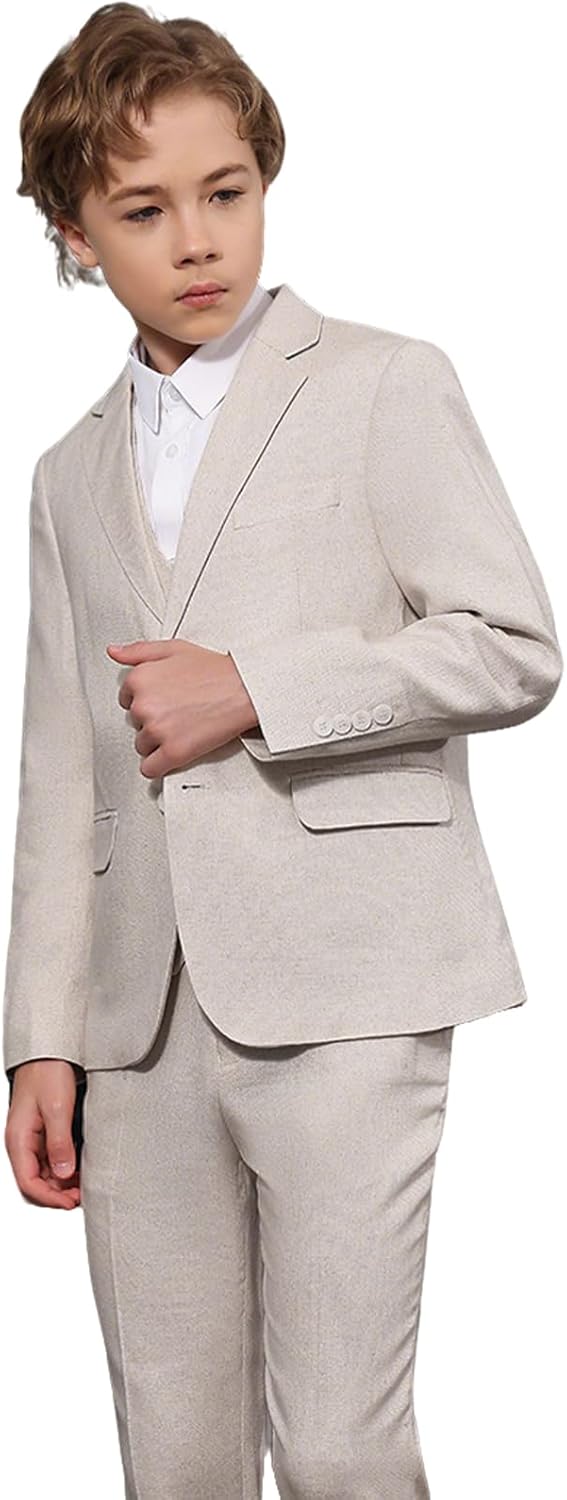 Lamgool Boys Suits Slim Fit Tuxedo Kids Formal Outfit 4-Piece Set with Blazer Jacket Shirt Vest Pants for Beach Wedding