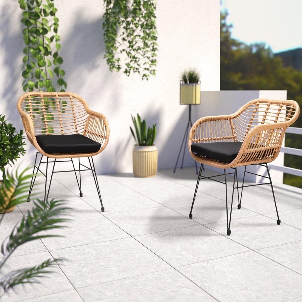 Casaria Set 2pz Poltrone Bali Effetto Vimini Sedie da Giardino con Cuscino e Braccioli Mobili da Esterno