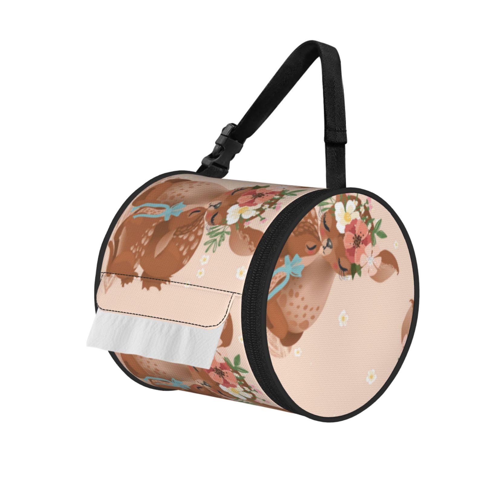Cute Deer In Flowers Print Hanging Toilet Paper Holder Camping Paper Towel Holder Portable Car Roll Paper Storage Bag With Adjustable Strap Suitable For Bathroom,Kitchen