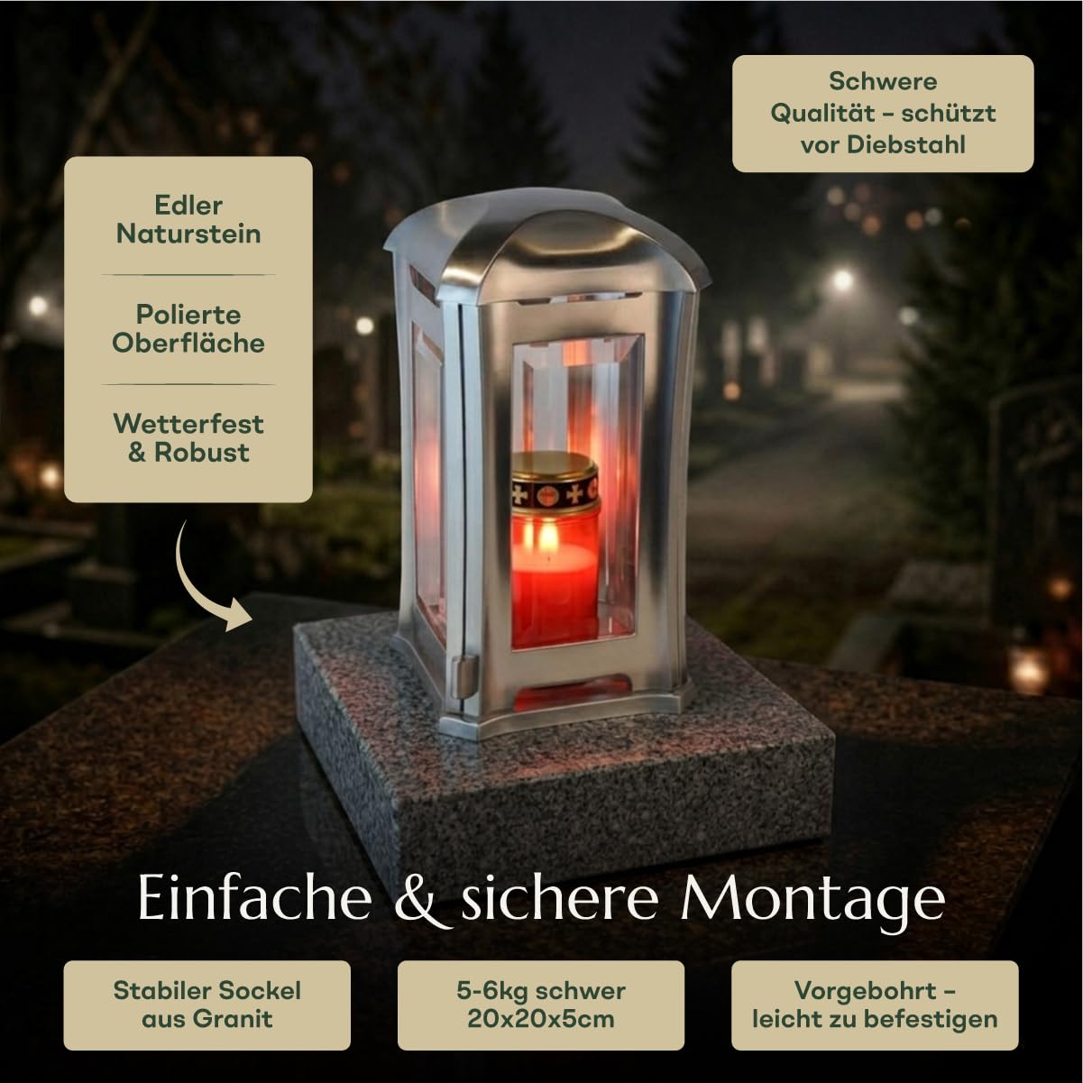 designgrab Grablampe Venezia Edelstahl mit Granitsockel naturgrau 13×13×24 cm – Kristallglas & Magnetverschluss Nero Impala