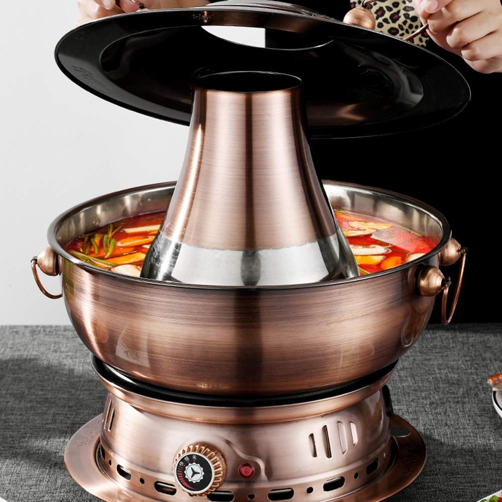 Pot Chaud électrique et Charbon de Bois à Double Usage de Style Chinois en Imitation cuivre de Pékin en Acier Inoxydable épaissi réglage de la température à,34 cm