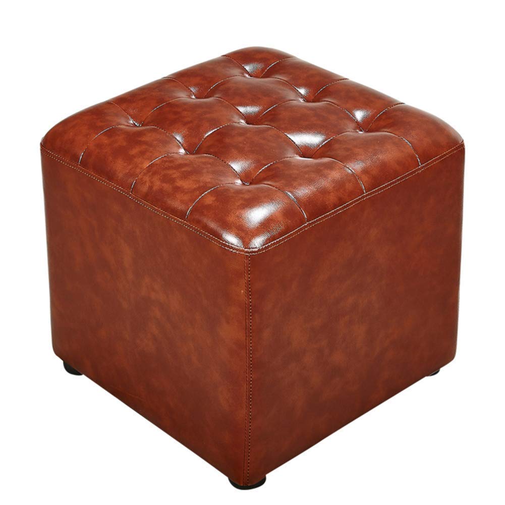 PAROBDO Leather Upholstered Cube Pouf Ottoman,pouffe Footstool Solid Wood Square Leather Living Room Coffee Table Small Bench-brown 40x40x35cm(16x16x14inch)