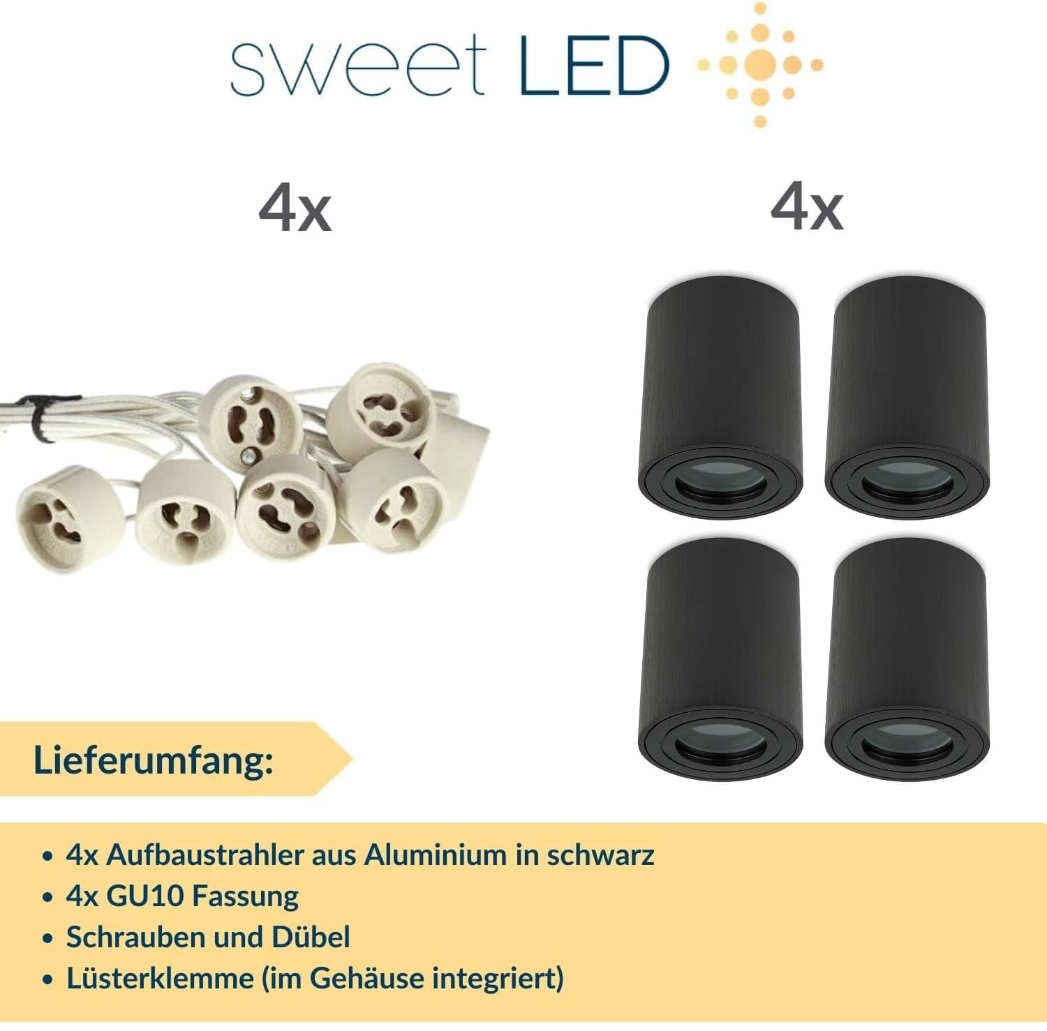 Sweet Led 4 Stück Aufbaustrahler Bad IP44 Aluminium GU10 Deckenspot 95mm Feuchtraum Badezimmer Nassbereich Aufbauleuchte 230V Aufbauspot – schwarz gebürstet, rund