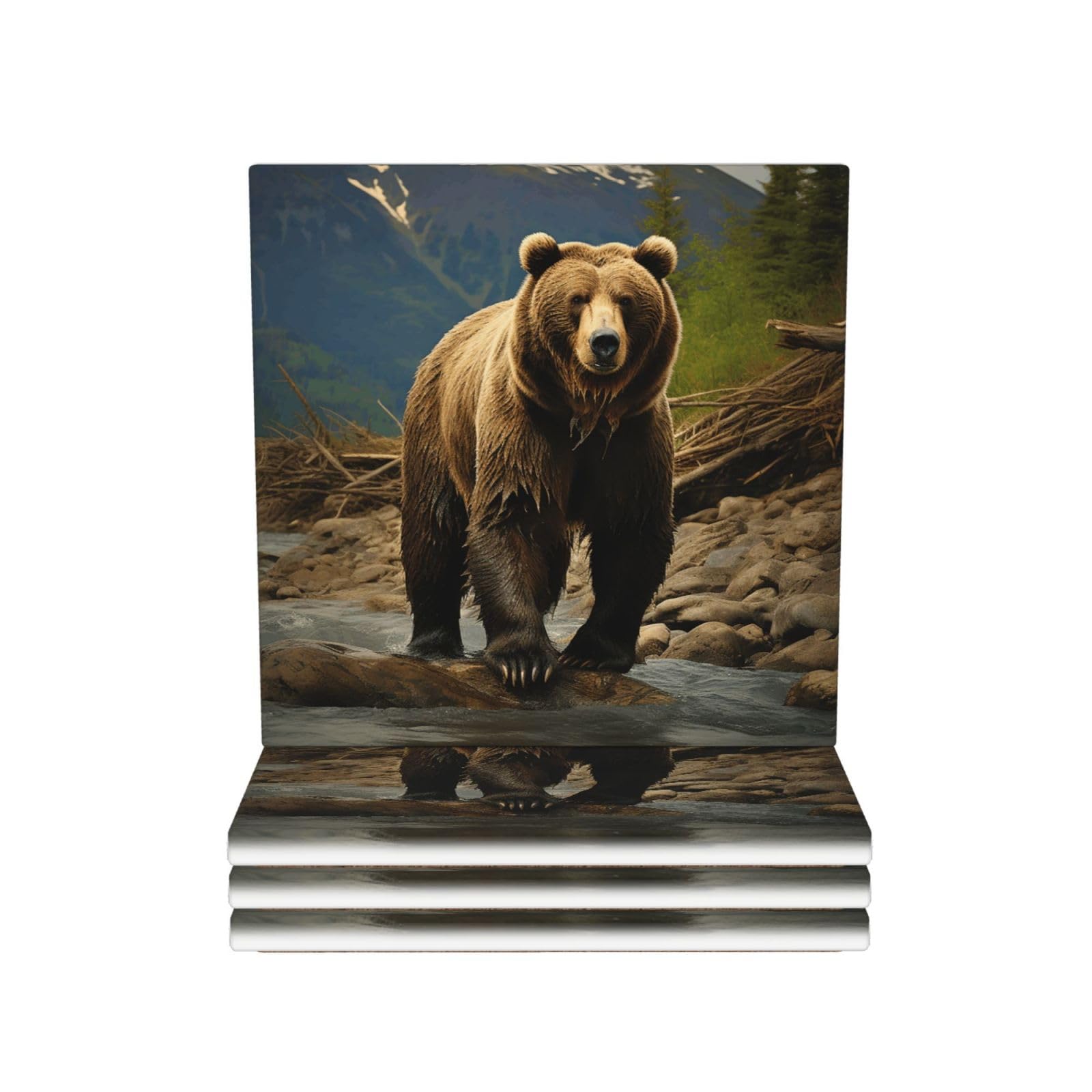 Mxzerfkgla Square Drink Coasters Set Of 4 Ceramic Coaster Brown Bear Coasters For Drinks Cups Mugs Mat Pads Absorbent Non-Slip Decorative Cup Coaster For Coffee Table Kitchen Bar Home Decor