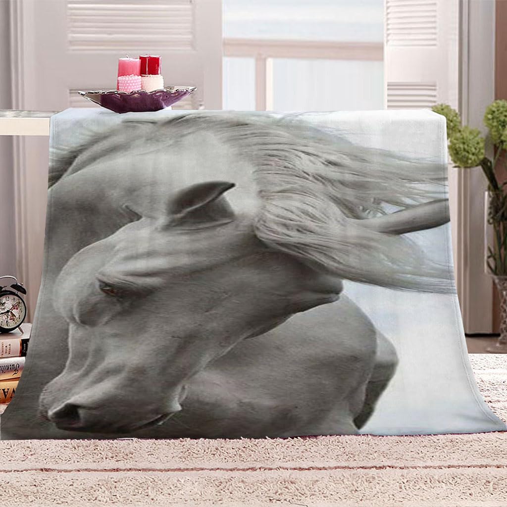 Coperta Di Flanella Letto Matrimoniale Invernale 150X180Cm Coperta Pile In Microfibra Morbida Pelosa Calda Copriletto Per Divano/Bambini Camere Da Letto, Cavallo Animale Grigio Motivo