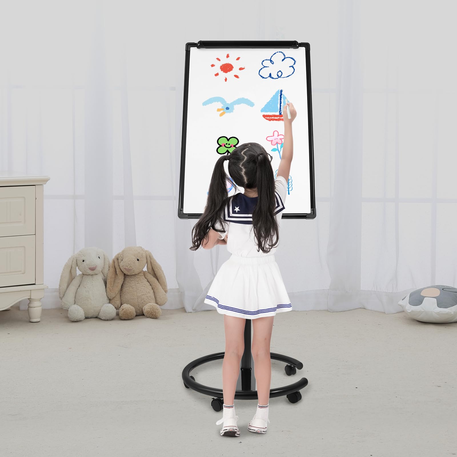 Höhenverstellbar Mobiles Whiteboard Einseitige Magnetisches Whiteboard mit Ständer 90x60cm Tragbares Staffelei Flipchart Ständer Rollendes Trockenlöschbrett mit 5 Universalräder (Schwarz)