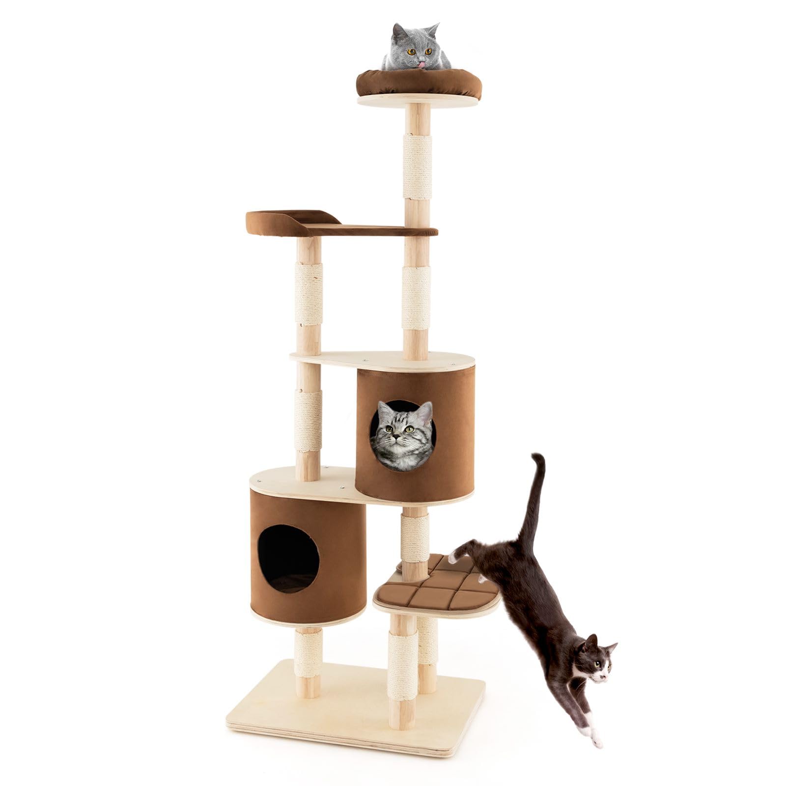 GYMAX Cat Tree, Cats Play Tower House with Plush Perch, Scratching Posts, Platform and 2 Condos, Kitten Activity Centre for Climbing, Scratching and Sleeping (Brown)
