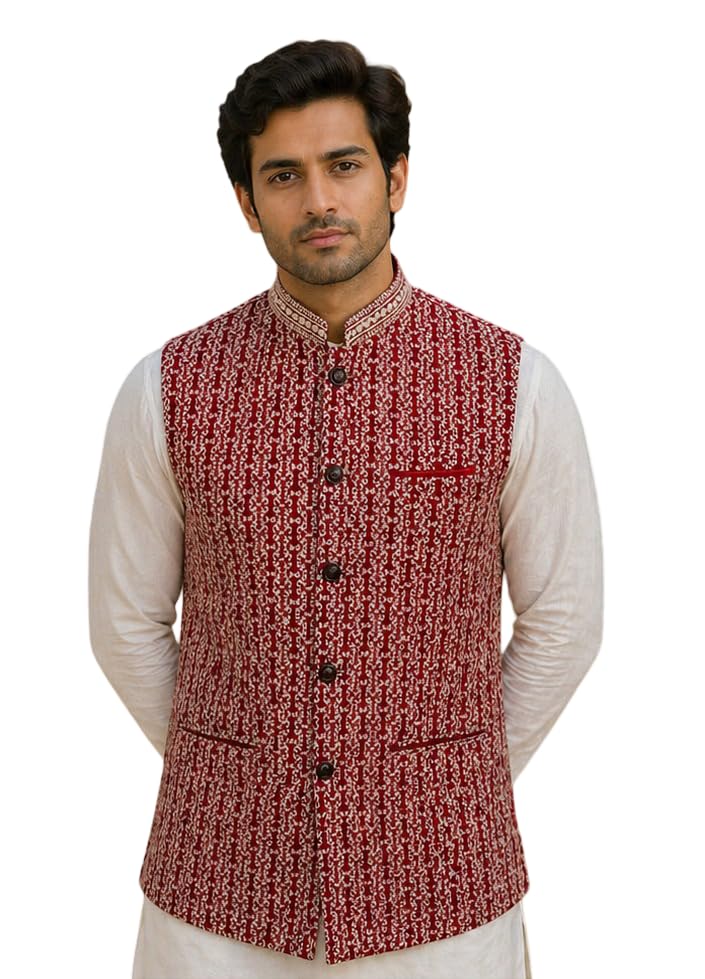 risani MEN 'S Premium Cotton Nehru Jacket | Ethnic Waistcoat for Wedding Stylish Waistcoat for Kurta Red with Golden embroidery design-picture-50