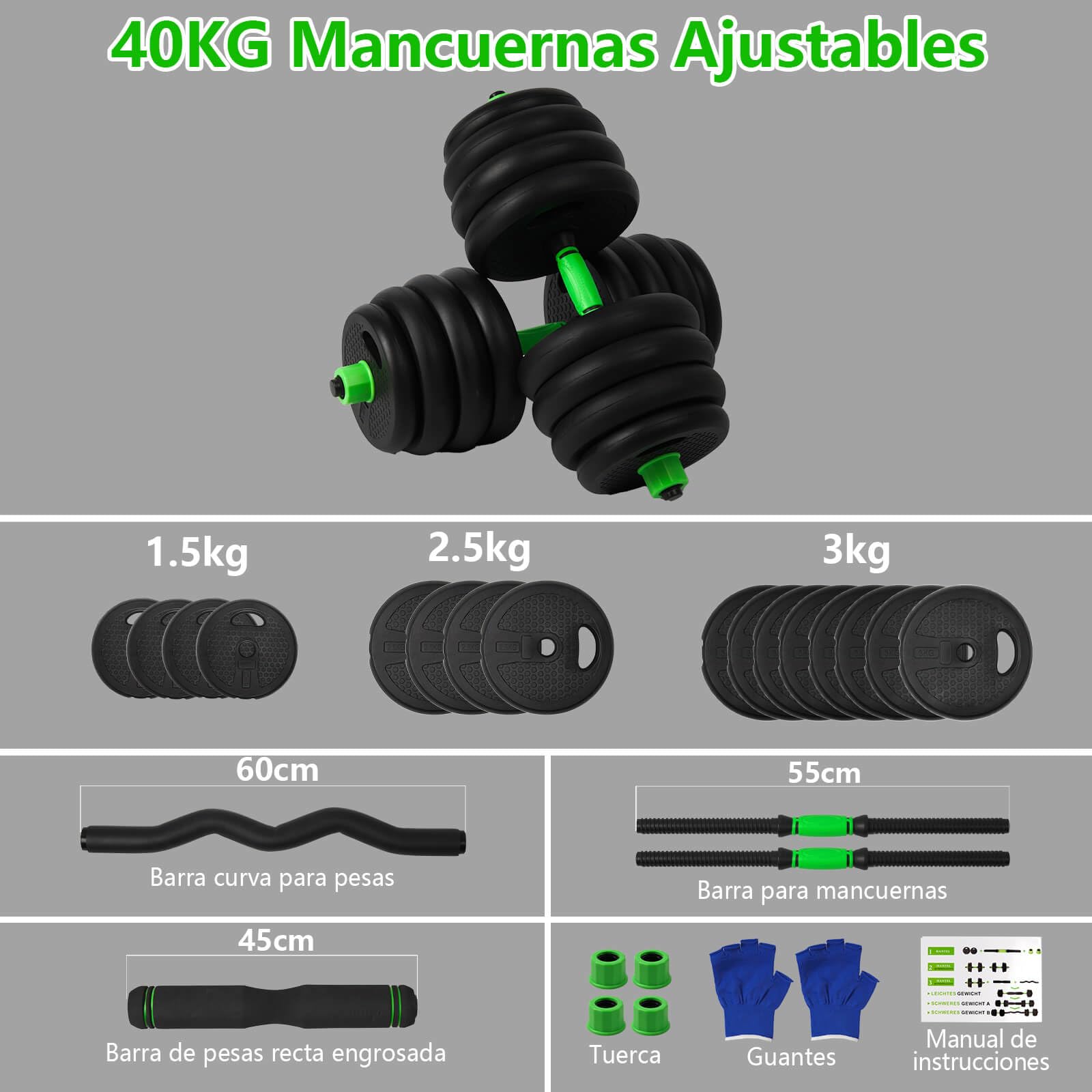 Pesas y Mancuernas Ajustables 10/15/20/30/40 KG Juego de Pesas 3en1 con Barra Recta y Curva, Mangos Antideslizantes, Kit Mancuernas para Gimnasio en Casa