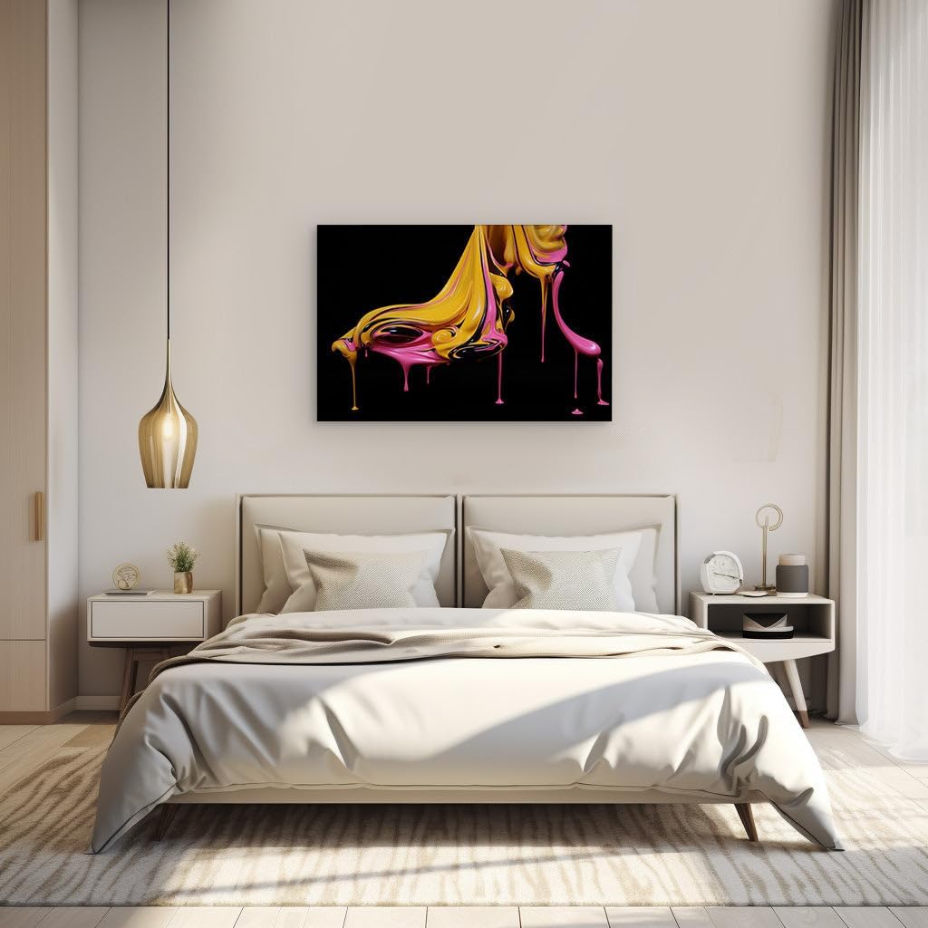 Canvas for Living room. Painted Elegance: A Vivid Pink and Yellow Abstraction against the Void, 27 x 18 inch Canvas Wall Art - Ready to Hang